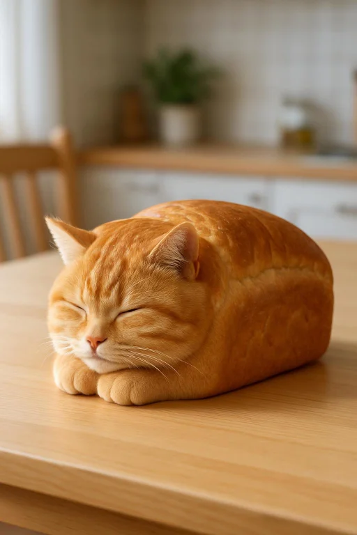 Generate Me A Sleeping Cat Bread Loaf On The Kitchen Table....