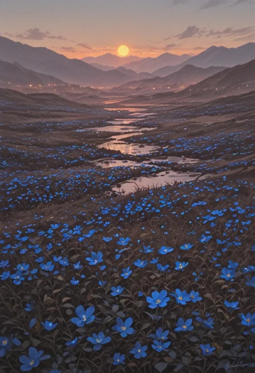 Mountains, Valley Full Of Blue Flower, Blue Flowers, Plains...