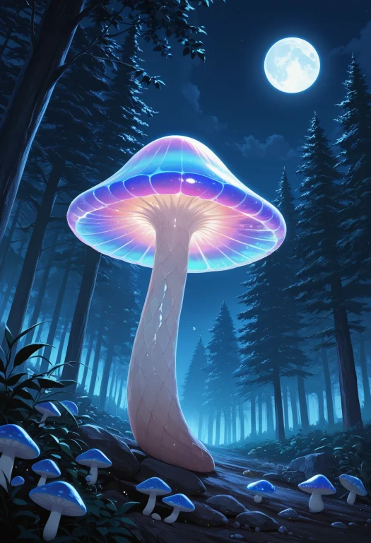 Lazympos, Iridescent Mushroom, Close-up, Forest, Night, Full...