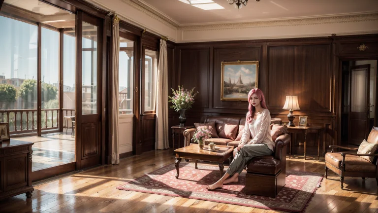 A Young Woman With Long Pink Hair Sitting Gracefully On A Vi...