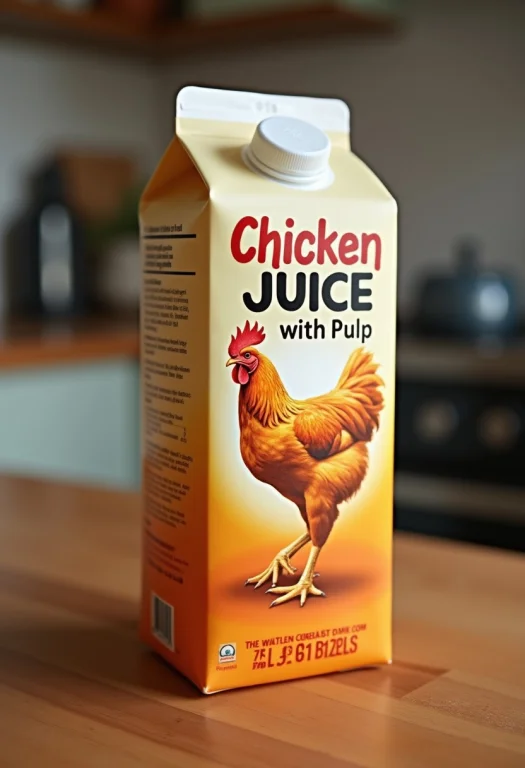 A Carton Of Juice With A Picture Of A Realistic Chicken On T...