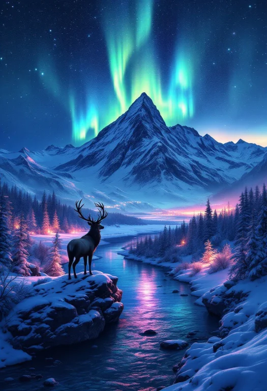A Cinematic And Vibrant Winter Scene, Where A Majestic Mount...