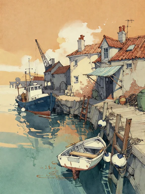Bradhamel Art Style. A Serene, Sun-drenched Harbor Scene Ren...