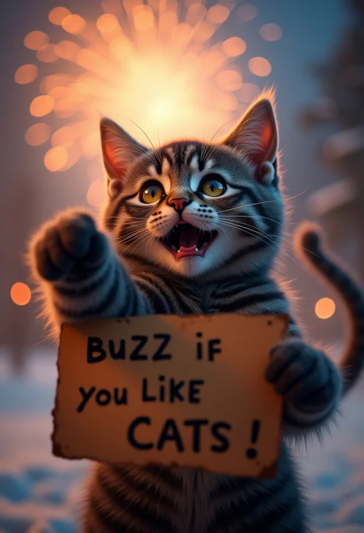 A Cute Cat, Watching Some Fireworks With An Over The Top Sho...