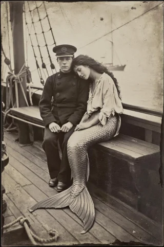 Sepia-toned Daguerreotype. Long-shot Of A Young Sailor And A... — Stable Diffusion AI Prompt: Sepia-toned daguerreotype. Long-shot of a young sailor and a mermaid sitting tog...