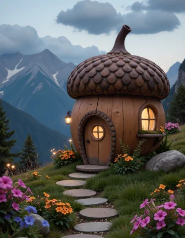 Fairytale House Made Out Of A Huge Acorn, Magical, Whimsical... — FLUX AI Prompt: fairytale house made out of a huge acorn, magical, whimsical, fireflies, evening...