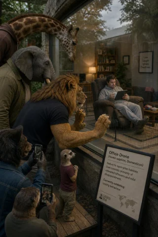 A Photorealistic Image Of A Modern Zoo Enclosure, Shot From... — Stable Diffusion AI Prompt: A photorealistic image of a modern zoo enclosure, shot from the perspective of s...