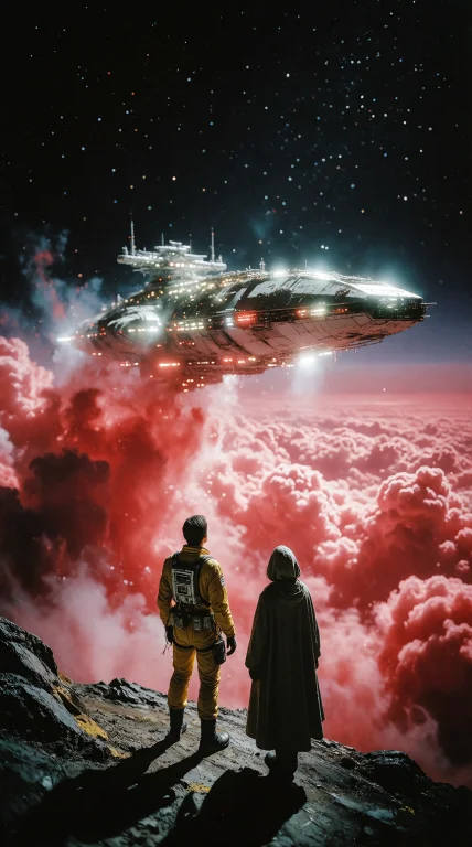 A Retro Sci-fi Painting Portrays Two Figures Standing On A D...