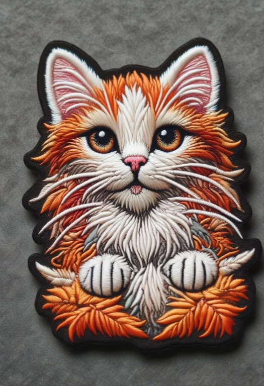 A Realistic Cute Cat Face Rendered As An Embroidered Patch,...