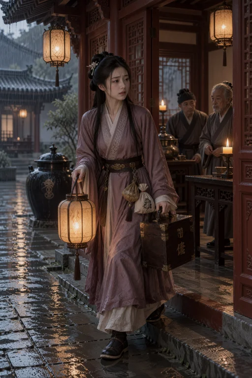 夜雨中的医馆门口，一名年轻中国女子跨过红色木门槛走入室内，上...