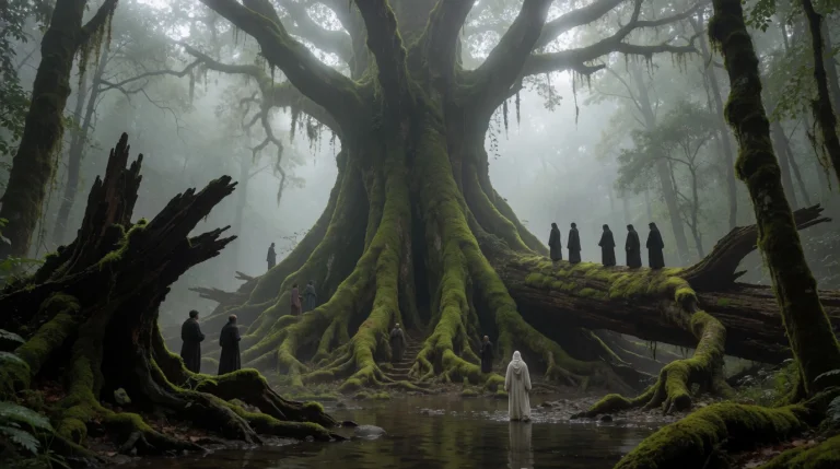 Colossal Moss-covered Tree Dominating A Misty Forest, Massiv...