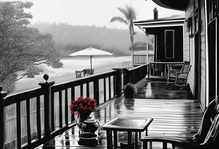 A Rainy Afternoon Seen From A Cozy Porch, High Contrast, Hig...