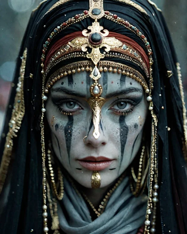 Breathtaking Cinematic Film Still A Person With Ornate Headw...