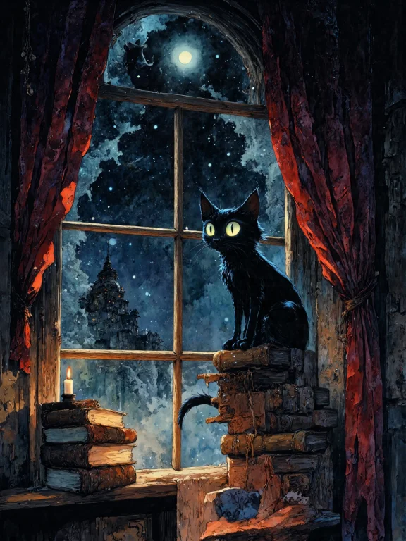 A Sleek Black Cat Perches Gracefully On A Weathered Window S...