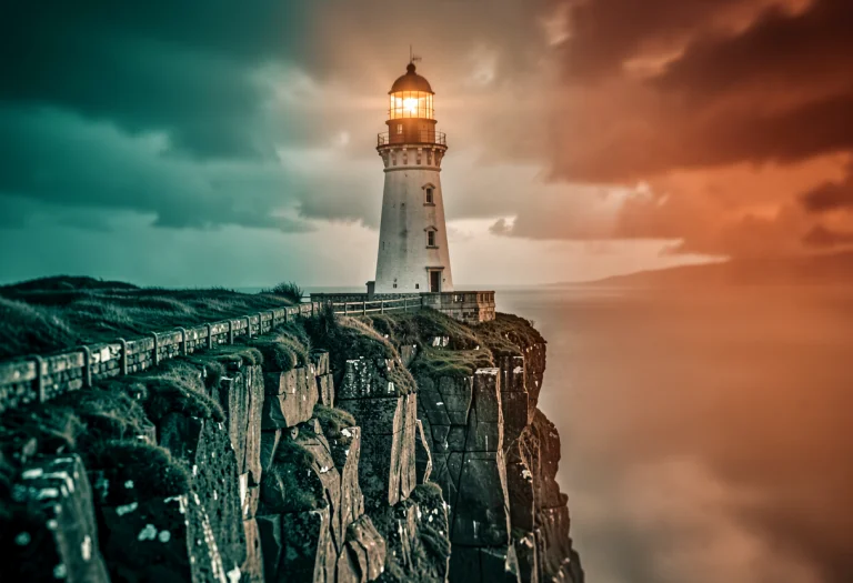 A Lone Lighthouse On A Storm-battered Cliff, Portrait Photog...