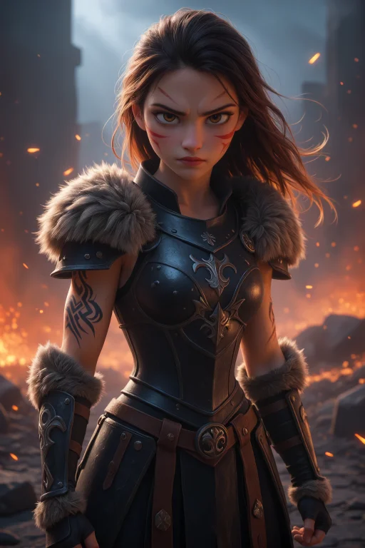 Fearsome Viking Warrior, Woman, Medium Shot, Fierce Face Pai...