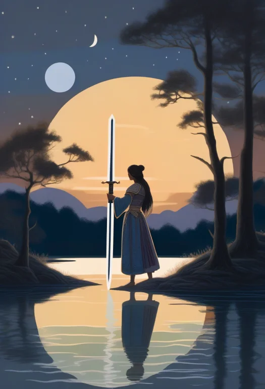 A Moonlit Lake Where A Lady Raises A Sword, Gouache Painting...