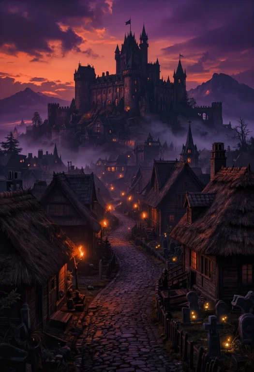 Haunted Medieval Village At Twilight In The Style Of Gothic...