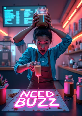 Need Buzz A Realistic, Clumsy Barista In A Futuristic Coffee... — FLUX AI Prompt: NEED BUZZ! A realistic, clumsy barista in a futuristic coffee shop, spilling a g...