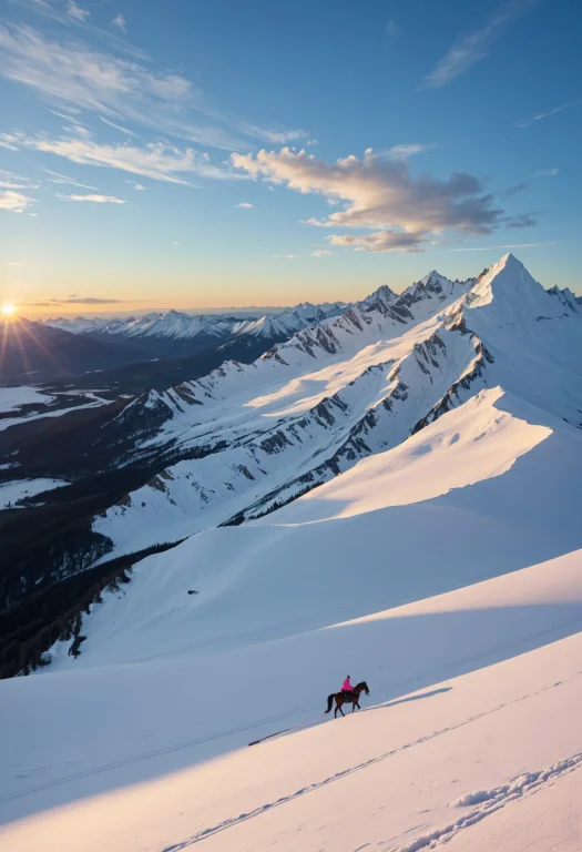 Tall Mountain Peaks Covered In Bright Pink Snow. Clear Blue...