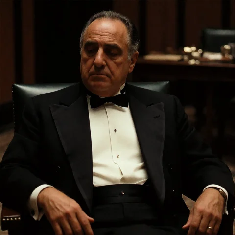 Loragodfather1a Medium Shot Movie Screenshot Of A Solemn Mid... — Stable Diffusion AI Prompt: A medium shot movie screenshot of a solemn middle-aged mobster boss in a dark tu...