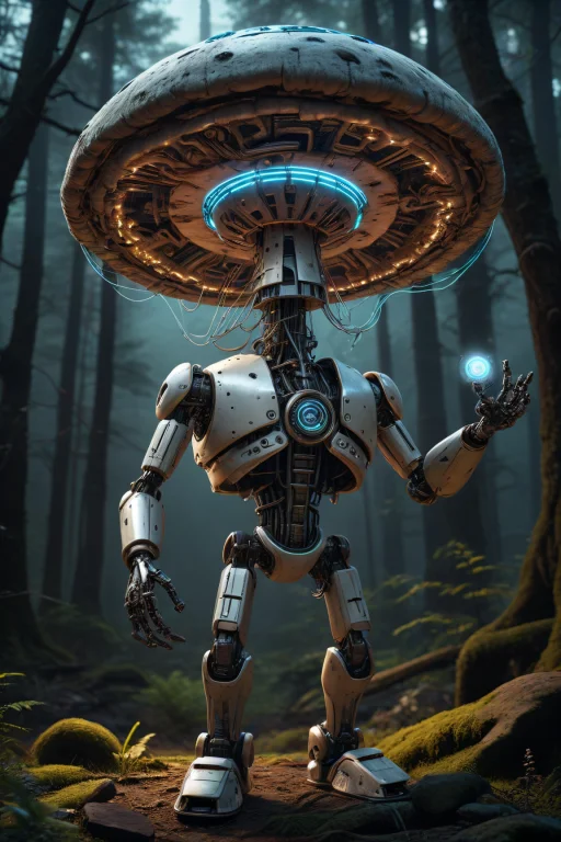 Cybernetic Robot Ancient Mushroom Elder Holding The Hypnotic...