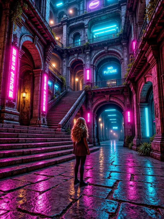 Hcc, Hidden Cyberpunk Courtyard, Front View Of A Blonde Long...