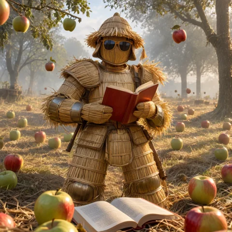 Straw Man Surprised Prompt — SDXL AI Prompt: A man, made of straw, looking surprised, wearing sunglasses, wearing a helmet, w...