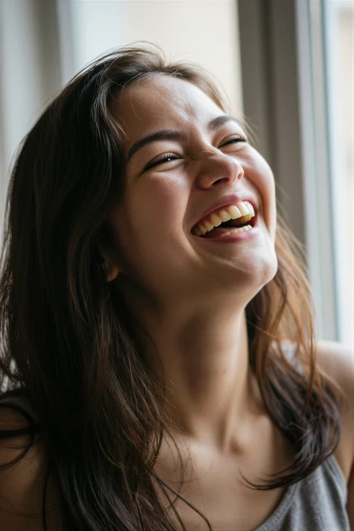 A Woman Laughs Freely With Her Head Tilted Back, Eyes Crinkl...