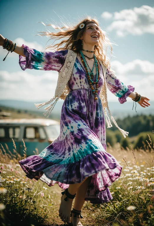 A Dynamic Low-angle Wide Shot Of A Young Beautiful Hippie Wo...