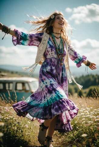 A Dynamic Low-angle Wide Shot Of A Young Beautiful Hippie Wo... — Stable Diffusion AI Prompt: A dynamic low-angle wide shot of a young beautiful hippie woman, slender and ath...