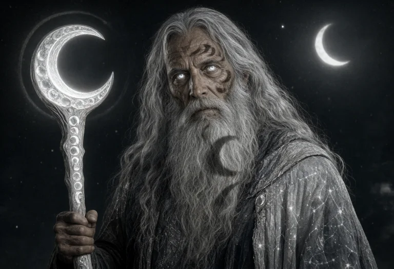 An Elderly Man With Long, Wavy Gray Hair And A Long Beard, H...