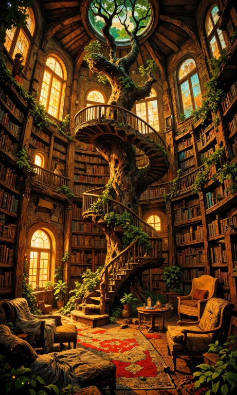 Whimsical Treehouse Library, Nestled High In Ancient Oak Bra...