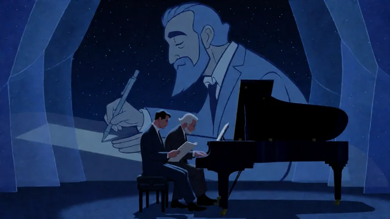 Fnts2000, A Man In A Dark Suit Sits At A Grand Piano, Holdin...