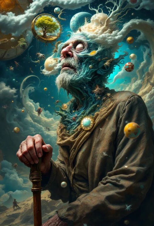 The Scene Is A Portrait Of An Old Man, His Face Deeply Lined...