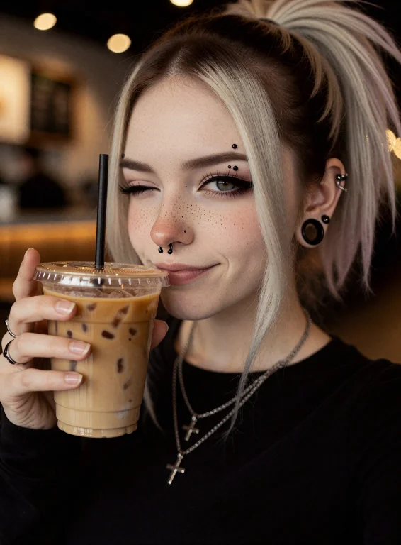 A Selfie Photo Of Valindia, Inside A Trendy Coffee Shop, Clo...