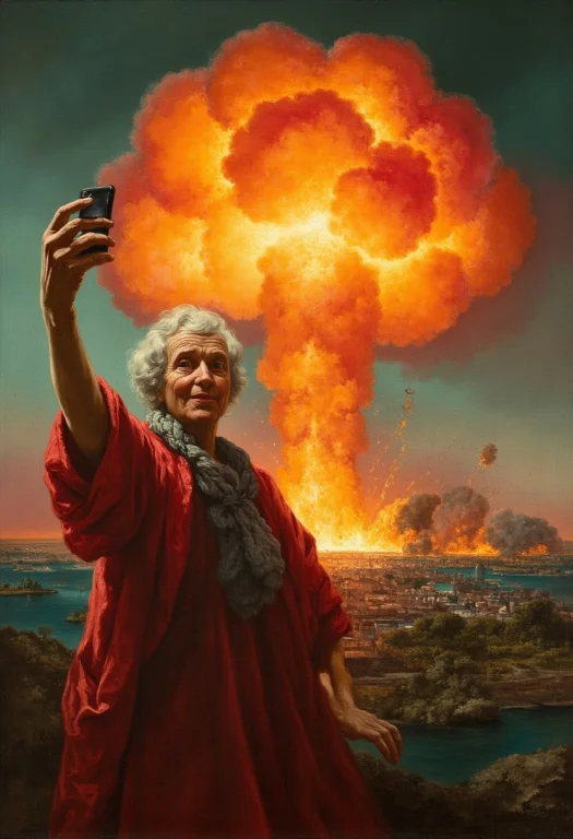 Nuclear Bomb Explosion In The Background,sporty Granny Takin...