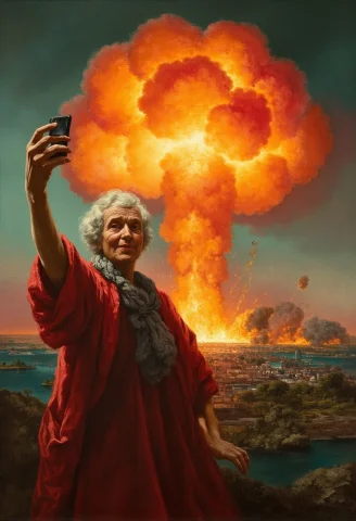 Nuclear Bomb Explosion In The Background,sporty Granny Takin... — FLUX AI Prompt: nuclear bomb explosion in the background,sporty granny taking a selfie on showin...
