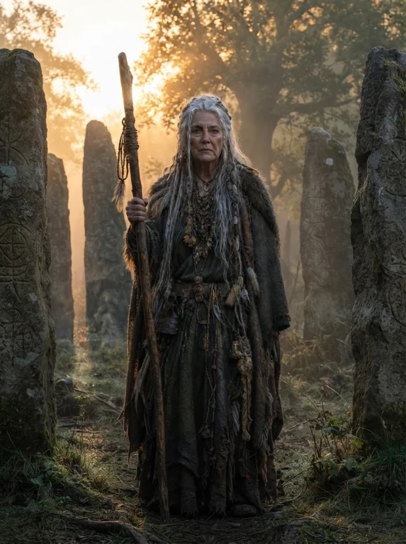 An Old Female Druid Between Some Ancient Standing Stones In...