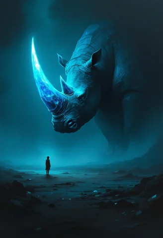 A Surreal And Captivating Painting Depicting A Massive, Slum... — FLUX AI Prompt: A surreal and captivating painting depicting a massive, slumbering rhinoceros wi...