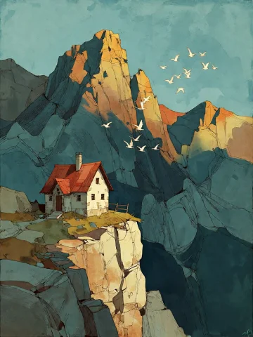 Bradhamel Art Style. A Lone, Small House With A Red Roof Per... — Stable Diffusion AI Prompt: Bradhamel art style. A lone, small house with a red roof perched on the edge of...