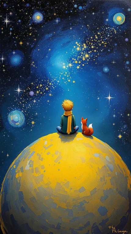 An Oill Painting Shows The Back Of The Little Prince, Sit On...