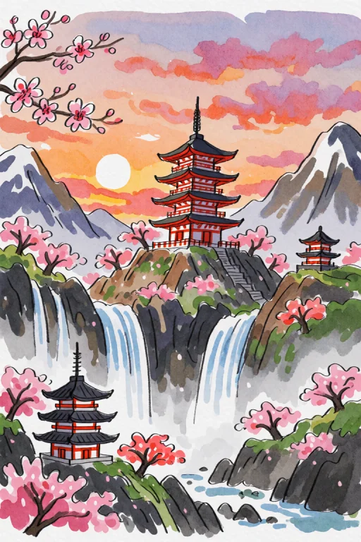 In The Center Of This Watercolor Image, A Five-story Red Pag...