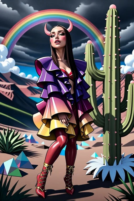A Rainbow Storm Swirls Above A Prism Desert, Where A Woman I...