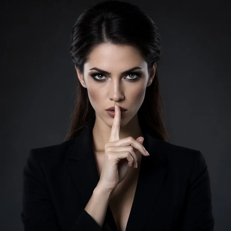 Cold Stare Of An Elegant Woman Making Quiet Gesture With Fin...