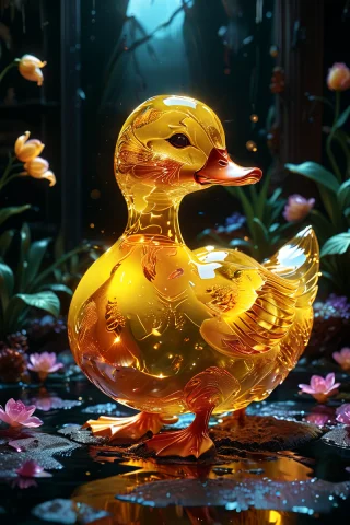 Gl4ssj3m, Glass Yellow Duck , Gem , Glitter, Glowneon, Lorag... — SDXL AI Prompt: gl4ssj3m, glass Yellow duck , Gem , glitter, glowneon, intricate diorama, ph...