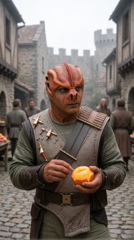 Stable Diffusion Alien Man Prompt — Stable Diffusion AI Prompt: tmrnml alien man, chest-up, eye-level, holding peeled fruit, focused gaze, medie...