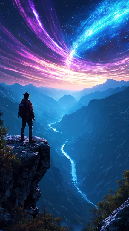 A Breathtaking Night Scene Of A Young Man Standing On The Ed...