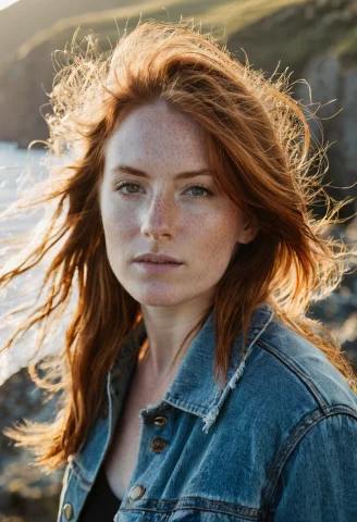 Windswept Woman Portrait Photo Prompt — SDXL AI Prompt: raw photo, portrait of a woman with windswept auburn hair on a cliffside at gold...