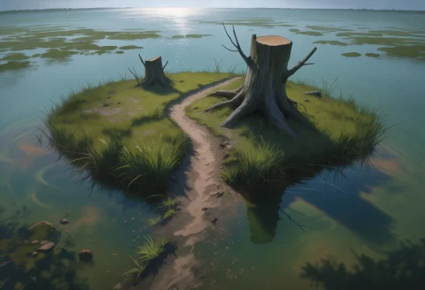An Island In A Swamp Occupies Most Of This Image. There Is G... — Stable Diffusion AI Prompt: An island in a swamp occupies most of this image. There is grass on the island a...